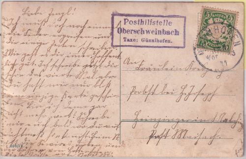 Bayern - Oberschweinbach T. Günzlhofen Posthilfstelle Ra3 Karte Nannhofen 1911
