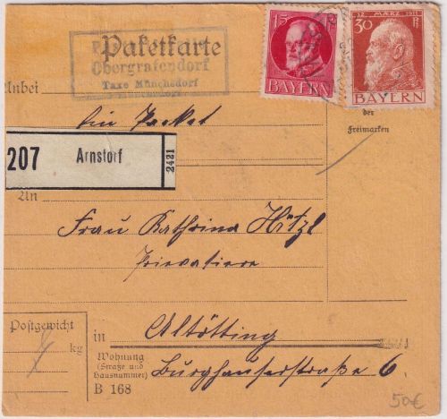 Bayern - Obergrafendorf T. Münchsdorf Posthilfstelle Ra3 Paketkarte 1917