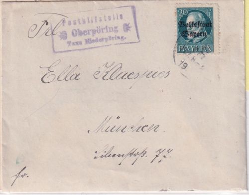Bayern - Oberpöring T. Niederpöring Posthilfsstelle Ra3 Brief n. München 1919