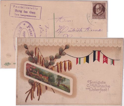 Bayern - Berg im Gau T. Langenmoosen Posthilfsstelle Ra3 patriot Osterkarte 1917