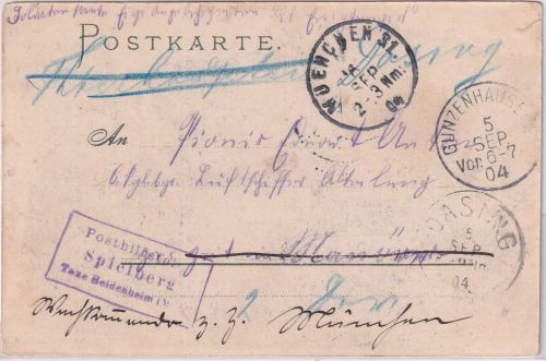 Bayern - Spielberg T. Heidenheim (Mfr.) Posthilfsstelle Ra3 Soldatenkarte 1904
