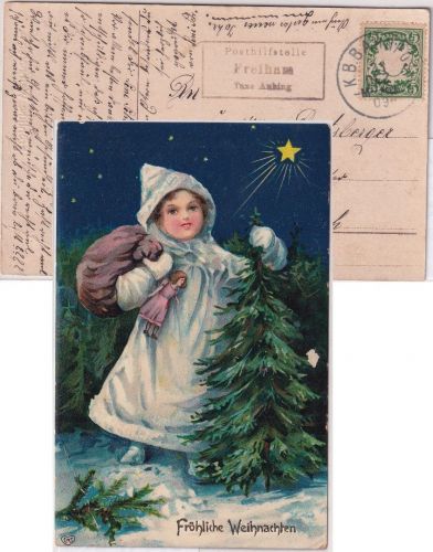 Bayern - Freiham T. Aubing Posthilfsstelle Ra3 Weihnachtskarte Bahnpost 1909