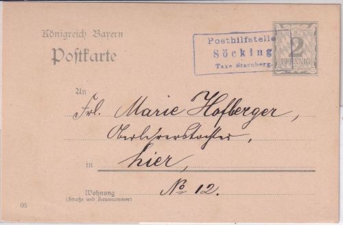 Bayern - Söcking T. Starnberg Posthilfsstelle Ra3 2 Pfg. Ganzsache/Ortskarte