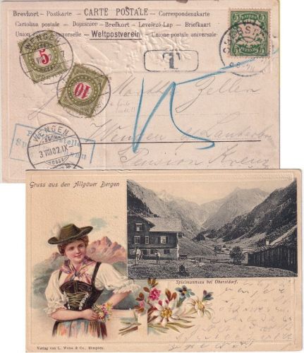Bayern - Spielmannsau T. Oberstdorf Posthilfsstelle Ra3 Karte Nachporto 1902