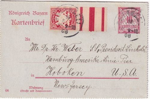 Bayern - 10 Pfg. Rauten Ganzsache+Zusatz n. USA Obernzell - Hoboken 1908