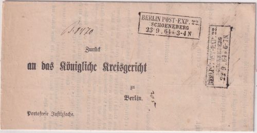 Preussen - Berlin Post-Exp. 22 Schoeneberg Ra3 Postbehändigungsschein 1864