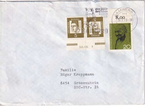 BRD - 5 Pfg. Bed. Deutsche Zusammendruck/Hausauftragsnummer u.a. Brief 1970