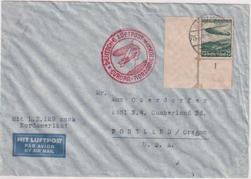 DR - 75 Pfg. Zeppelin Bogenecke Zeppelinbrief n USA Berlin - Portland 1936 1.NAF