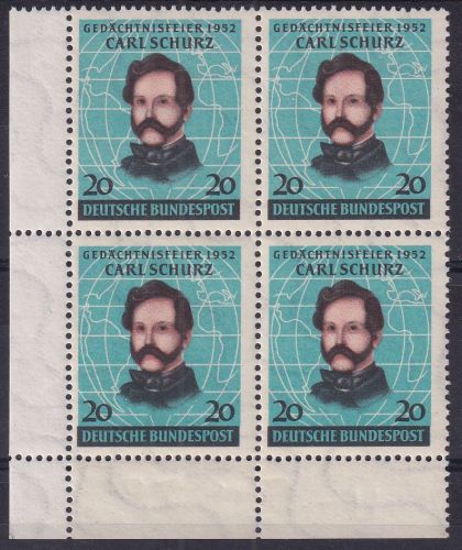 BRD - 20 Pfg. Carl Schurz 4er-Block Bogenecke links unten postfrisch