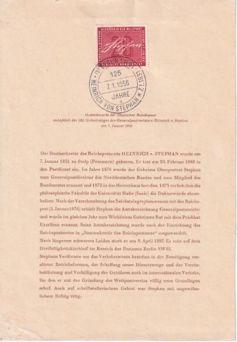 Berlin - Ersttagsblatt Nr. 1 H.v. Stephan mit ESST Berlin SW 61 1956