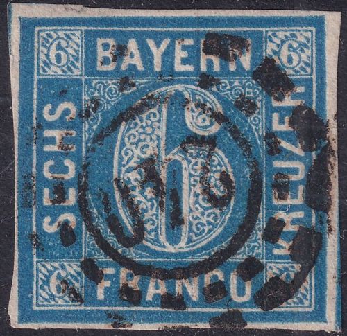 Bayern - 6 Kr. Quadrat blau voll- bis breitrandig oMR 240 (Kempten)