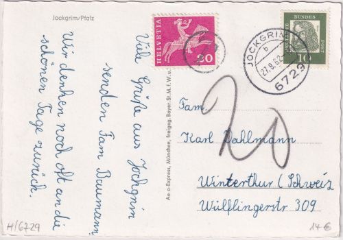 BRD - 10 Pfg. Bed. Deutsche Karte i.d. SCHWEIZ Jockrim 1962 Nachporto