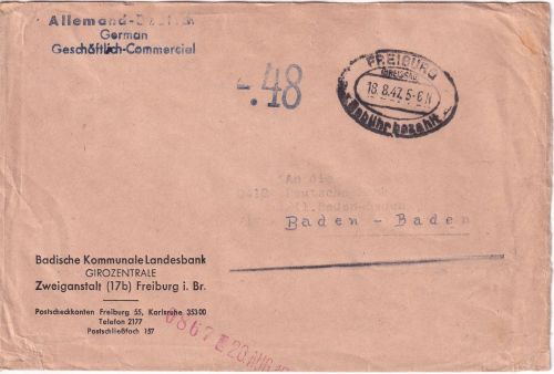 FZ-Baden - Freiburg Gebühr bezahlt + "-,48" Gebührenstempel Brief 18.8.47
