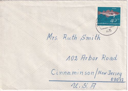 BRD - 40 Pfg. Jugend/Kabeljau Brief n. USA Osnabrück - Cinnaminson 1964