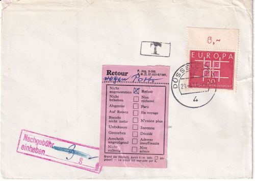 BRD - 20 Pfg. Europa/Oberrand Brief n. ÖSTERREICH Düsseldorf 1964 Nachporto