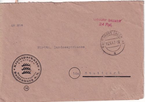 All.Bes. - Rottenburg (Neckar) 13.6.47 Gebühr bezahlt 24 Rpf. roter L2 Brief