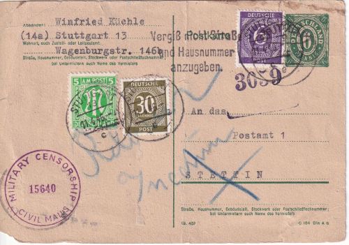 All.Bes. - 6 Pfg. Ganzsache+Zusatz n. POLEN Stuttgart - Stettin 11.4.46