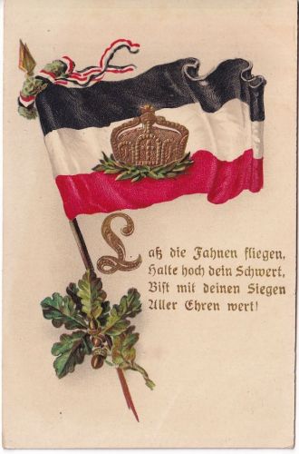 Patriotika Kaiserreich Fahne m. Lorbeerkranz u. Eichenlaub farb. Prägekarte 1916