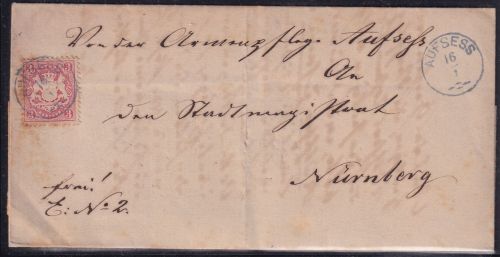 Bayern - 3 Kr. Wappen gez. blauer Zier-K1 Aufsess 16/1 Brief n. Nürnberg 1874