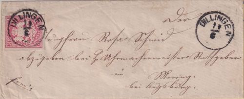 Bayern - 3 Kr. Wappen geschn. 22mm-K1 Dillingen 11/6 Brief n. Mering