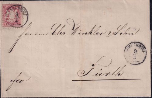 Bayern - 3 Kr. Wappen gez. Brief n. Fürth Zier-K1 Denkendorf 9/4 (1872)