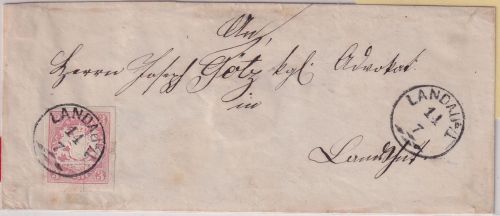 Bayern - 3 Kr. Wappen geschn. Brief n. Landshut Zier-K1 Landau a/I 11/7 (1870)