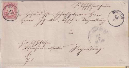 Bayern - 3 Kr. Wappen gez. Bischofsbrief 22mm-K1 Eschelkam 14/7 (1871)