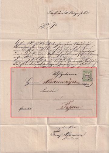 Bayern - 1 Kr. Wappen geschn. Drucksache n. Passau Zier-K1 Furth i/W. 7/9 (1870)