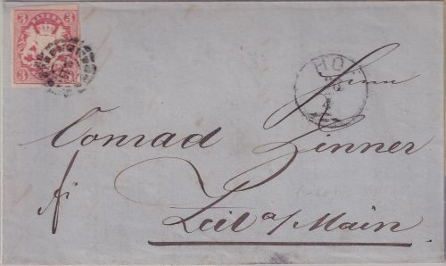 Bayern - 3 Kr. Wappen geschn. Brief n. Zeil a/M. oMR 211 Zier-K1 Hof 26/4 (1868)
