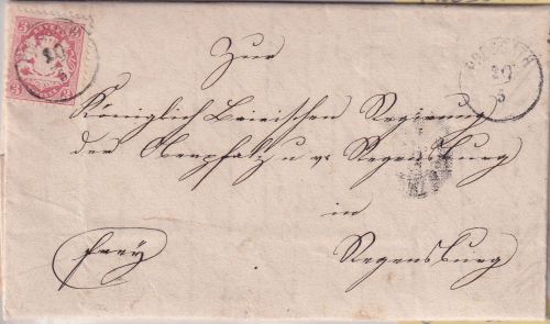 Bayern - 3 Kr. Wappen gez. Brief n. Regensburg 22mm-K1 Pressath 10/5 (1871)
