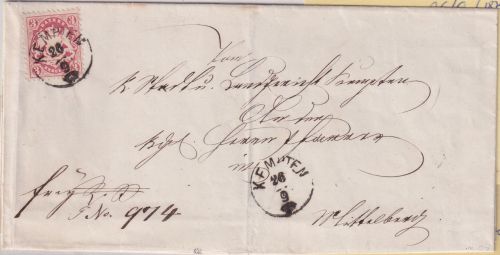 Bayern - 3 Kr. Wappen gez. Brief n. Mittelberg Zier-K1 Kempten 26/9 (1875)