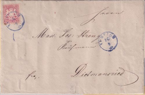 Bayern - 3 Kr. Wappen gez. Brief viol. Zier-K1 Kempten 26/2 (1873)