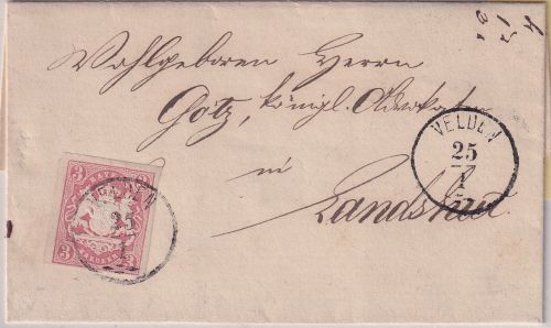 Bayern - 3 Kr. Wappen geschn. Brief n. Landshut Zier-K1 Velden 25/1 (1870)