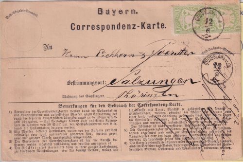 Bayern - 2x1 Kr. Wappen gez. Correspondenz-Karte Zier-K1 Grosslangheim 12/8 1872
