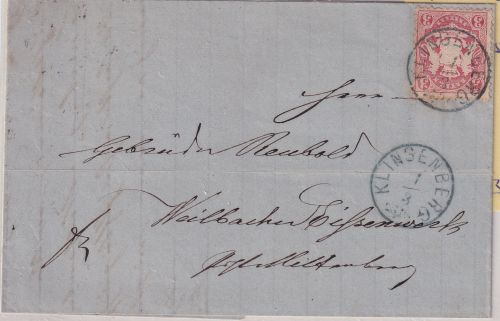 Bayern - 3 Kr. Wappen gez. Brief blauer Zier-K1 Klingenberg 1/3 (1874)