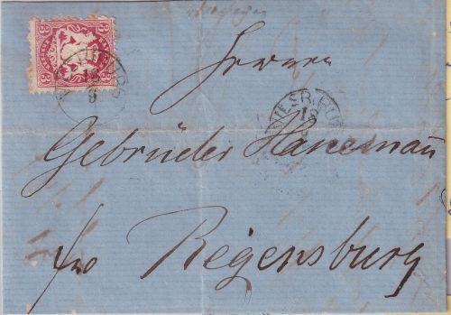 Bayern - 3 Kr. Wappen gez. Brief n. Regensburg 22mm-K1 Vilsbiburg 18/9 (1872)