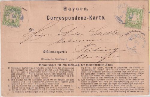 Bayern - 2x1 Kr. Wappen gez. Correspondenzkarte viol. Zier-K1 Vilshofen 22/3