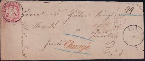 Bayern - 3 Kr. Wappen gez. Chargebrief n. Straubing 22mm-K1 Lam 25/7