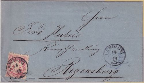 Bayern - 3 Kr. Wappen gez. Brief n. Regensburg Zier-K1 Landau a/I. 15/11