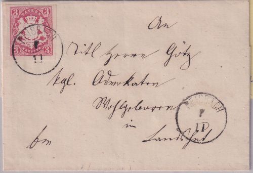 Bayern - 3 Kr. Wappen geschn. Brief n. Landshut 22mm-K1 Reisbach 7/11 (1870)