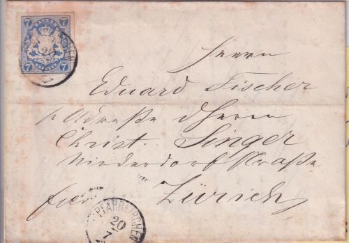 Bayern/Schweiz - 7 Kr. Wappen geschn. Brief Zier-K1 Pfarrkirchen 20/7 (1869)