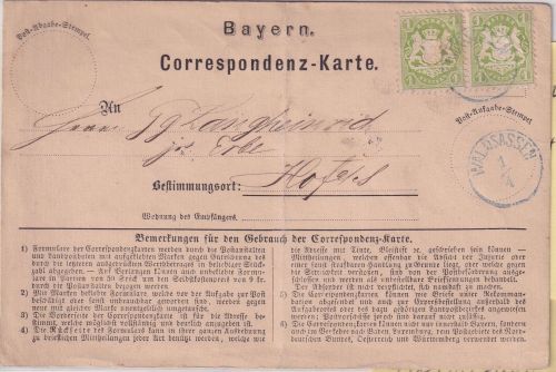 Bayern - 2x1 Kr. Wappen gez Correspondenzkarte viol. 22mm-K1 Waldsassen 1/4 1873