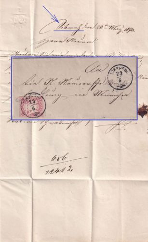 Bayern - 3 Kr. Wappen gez. Briefchen n. München Zier-K1 Türkheim 23/5 (1870)