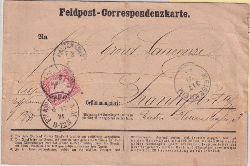Bayern - 3 Kr. Wappen gez. Feldpost-Correspondenzkarte K1 Lauterecken 3/7 (1871)