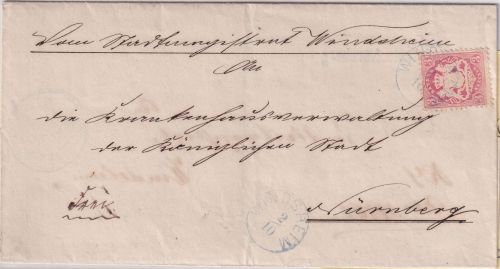 Bayern - 3 Kr. Wappen gez. Brief n. Nürnberg viol. 22mm-K1 Windsheim 2/10