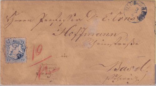 Bayern/Schweiz - 7 Kr. Wappen gez. Brief viol. 22mm-K1 Windsheim 3/4 (1873)