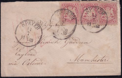 Bayern/England - 3x3 Kr. Wappen gez. Brief K1 Speyer - Manchester 1874