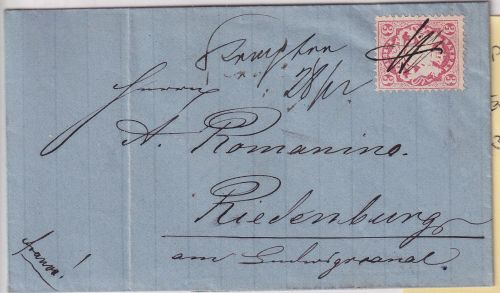 Bayern - 3 Kr. Wappen gez. Brief n. Riedenburg hds. entw. Kempten 28/12 (1870)