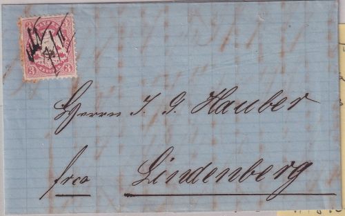 Bayern - 3 Kr. Wappen gez. Brief n. Lindenberg hds. entw. Kempten 7./II. (1871)