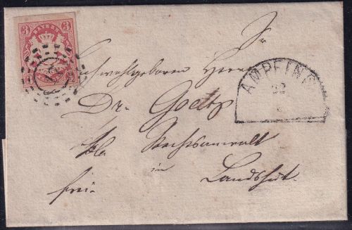 Bayern - 3 Kr. Wappen geschn. Brief n. Landshut oMR 17 Ampfing 22/7 (1868)